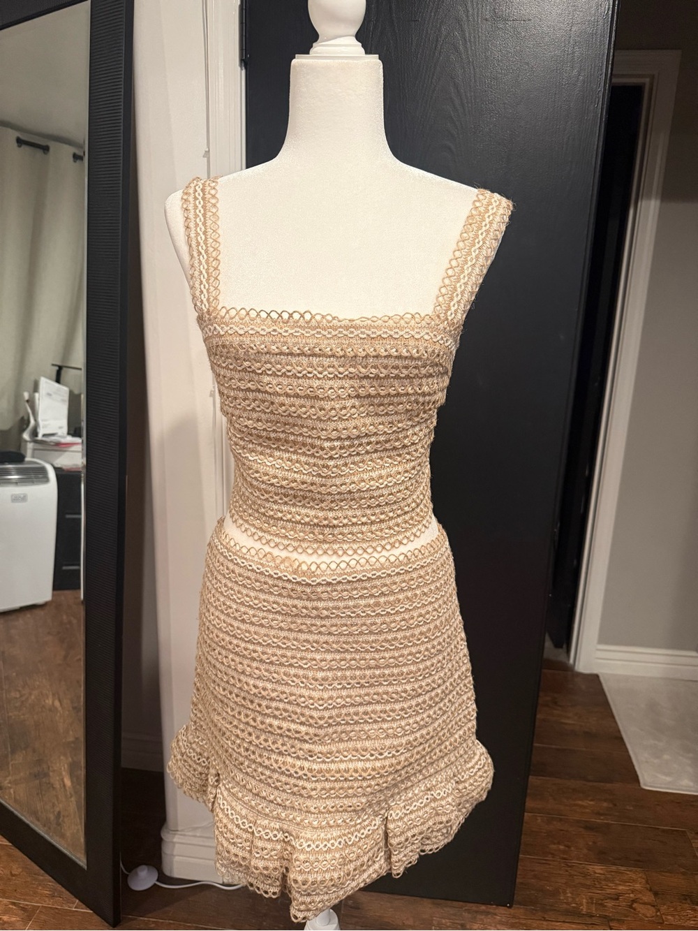 Beige Crochet Mini Dress with Ruffle Hem